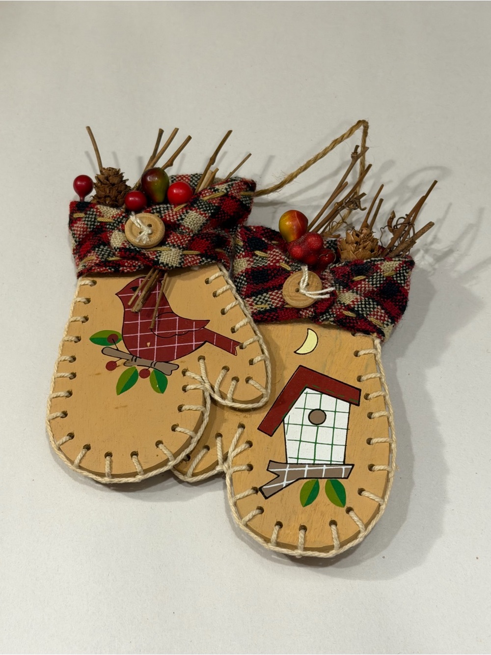 Merry mittens Plaid Trim Wooden Mitten Ornament